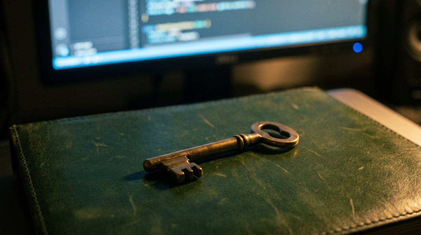 Ein alter Messingschlüssel auf einem grünen Lederschreibtisch, dahinter ein Bildschirm mit Code. / An old brass key on a green leather desk, a screen with code behind it.