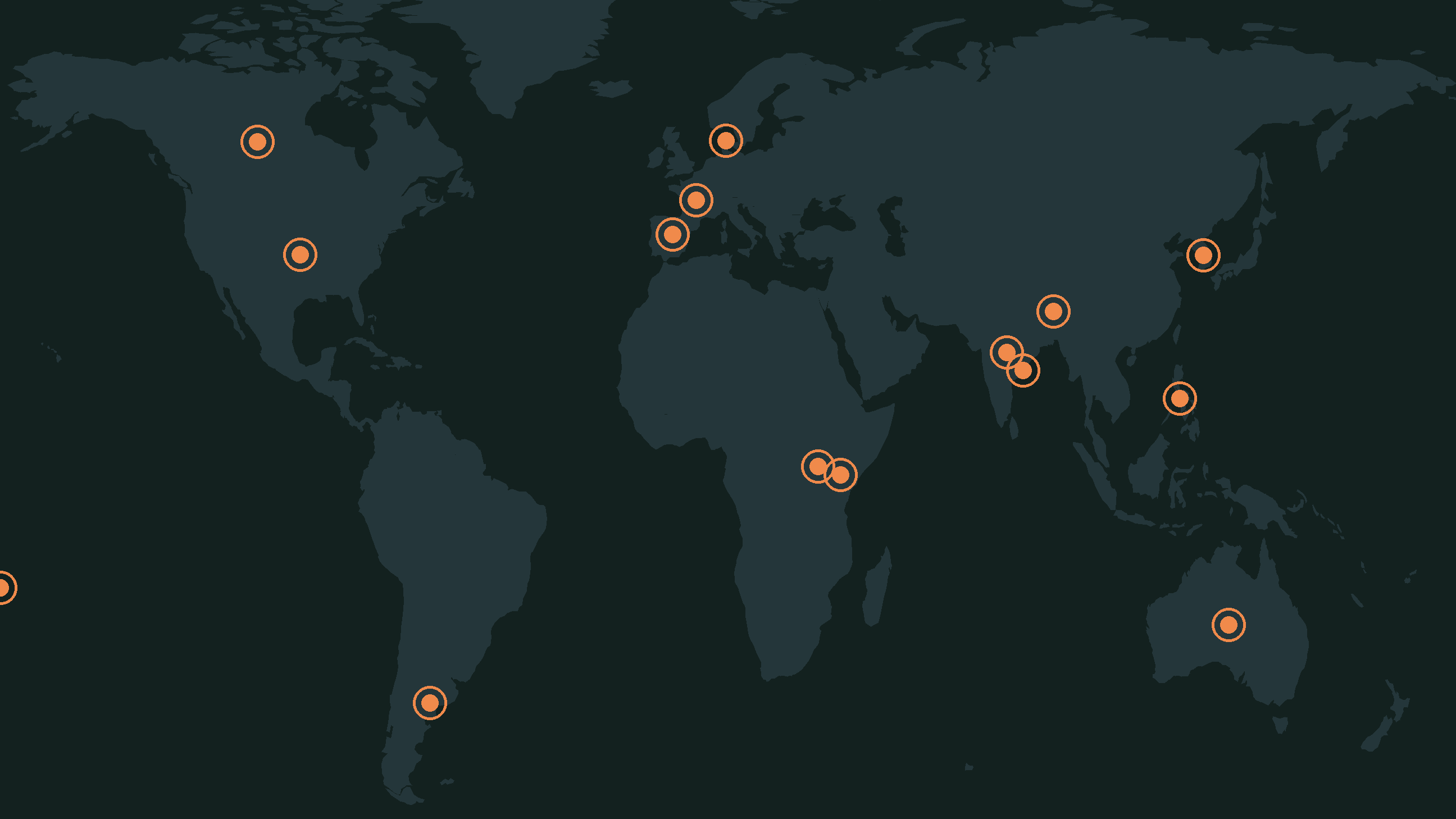 World map with the home countries of the fifteen finalists